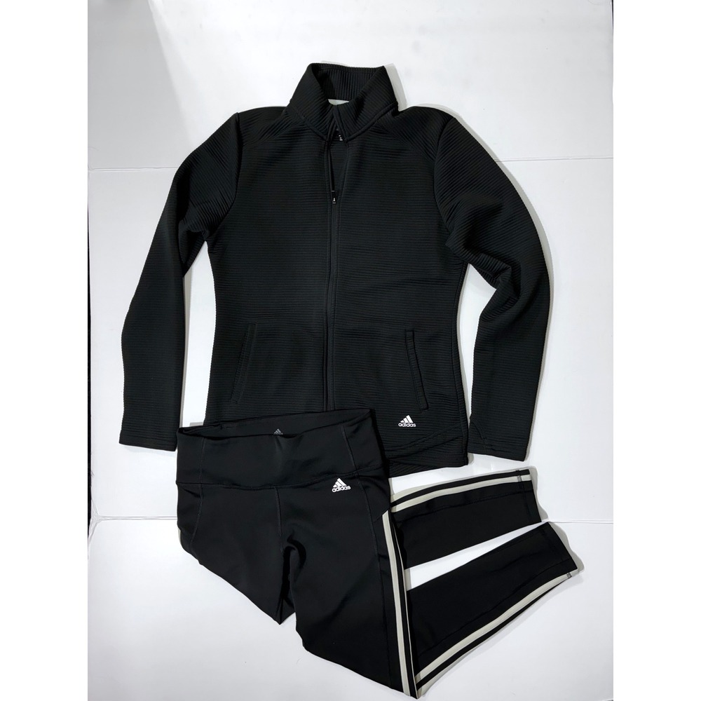 Adidas Golf Bundle Women Black Ribbed Full Zip Jacket & Climalite Leggings Set M